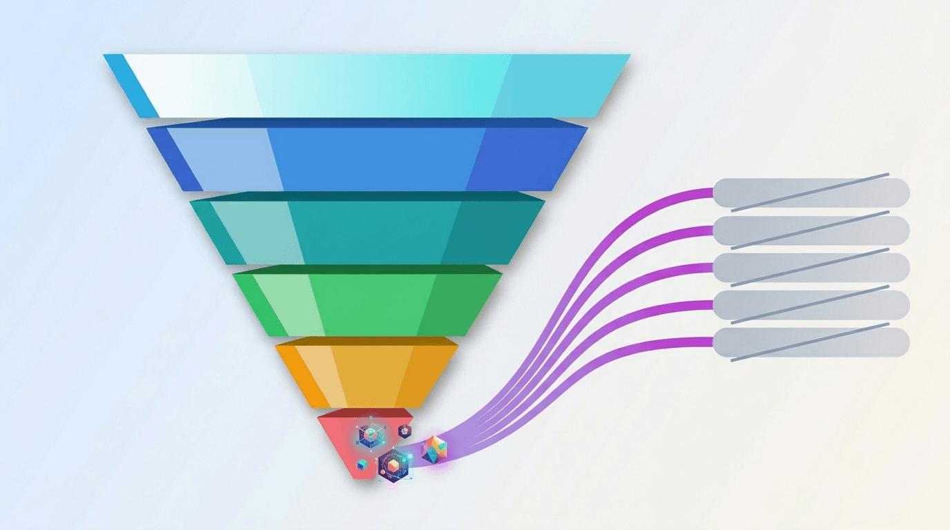 Abstract funnel chart with six labeled segments narrowing from top to bottom and four crossed-out segments to the side