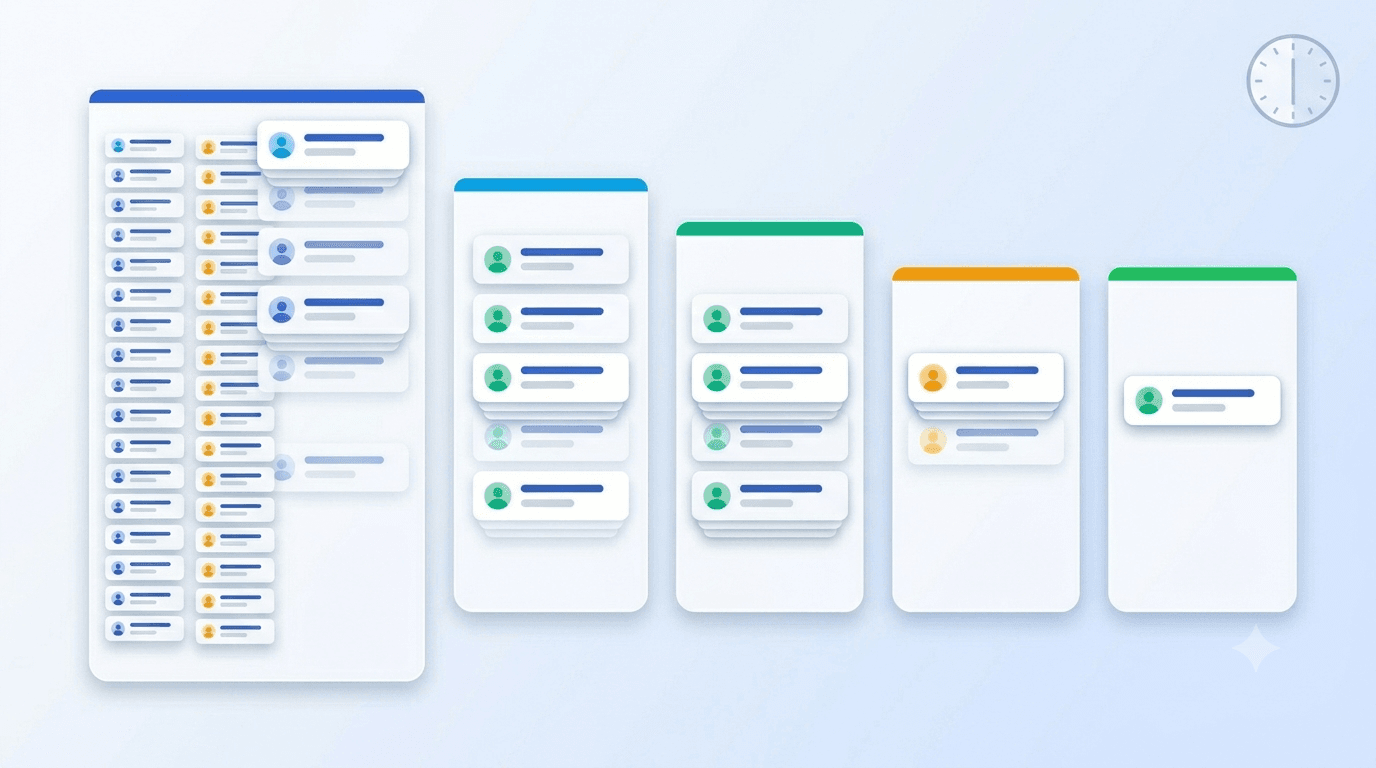 Five-column kanban pipeline with candidate cards stacked in the first column ready to flow rightward