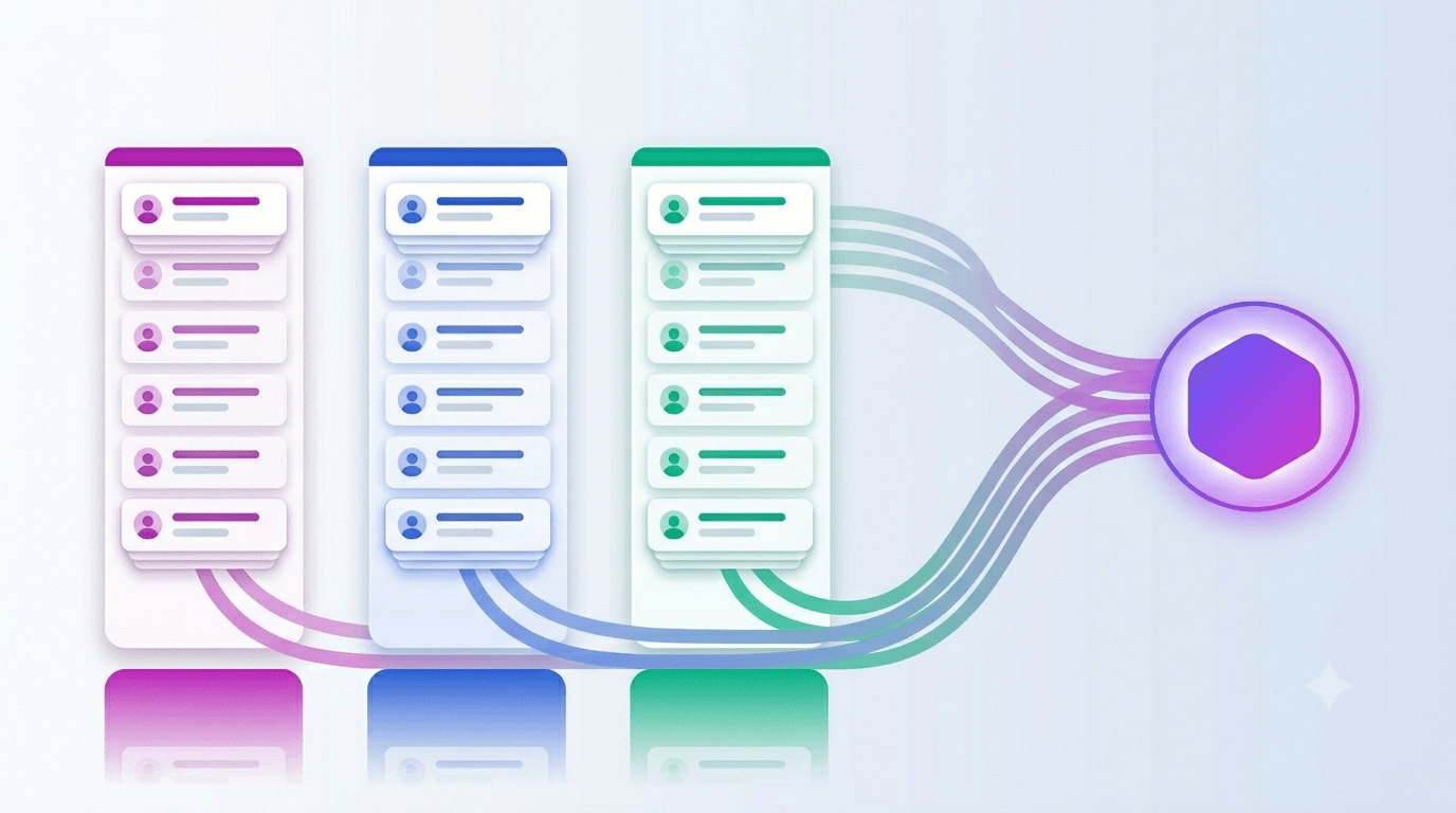 Abstract illustration of three client search columns each with stacked candidate cards flowing toward a single agency hub