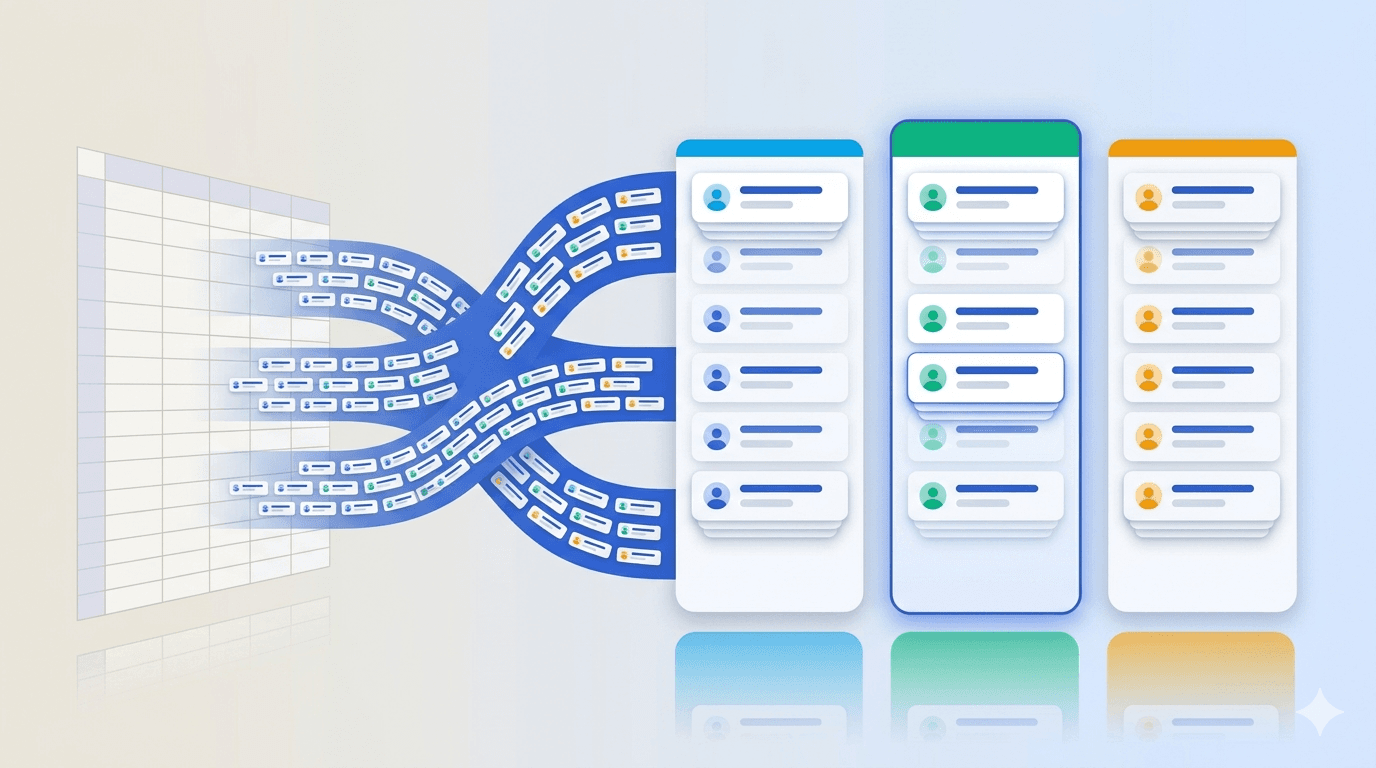 Spreadsheet rows flowing into a structured pipeline kanban with three columns labeled new applied interviewing
