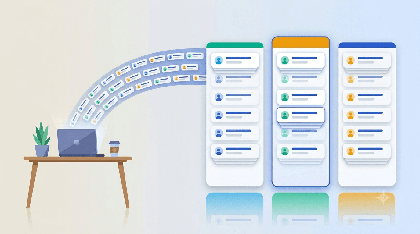Founder at a small desk with abstract candidate cards floating into three pipeline columns to the right